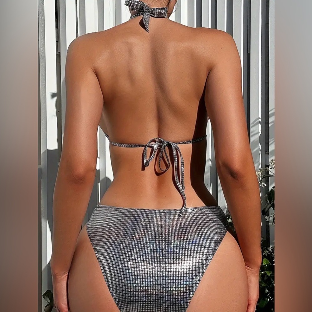 Silver Halter Rhinestone Studded Tie Sides Bikini Set - Picture 2 of 7